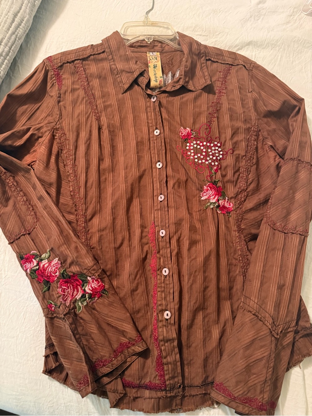 Johnny Was Brown Button-Up Shirt with Pink Rose Embroidery